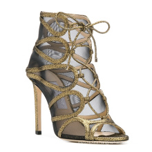 European Women Open Toe Mesh Glitter Lace Up High Stiletto Heel Sandals